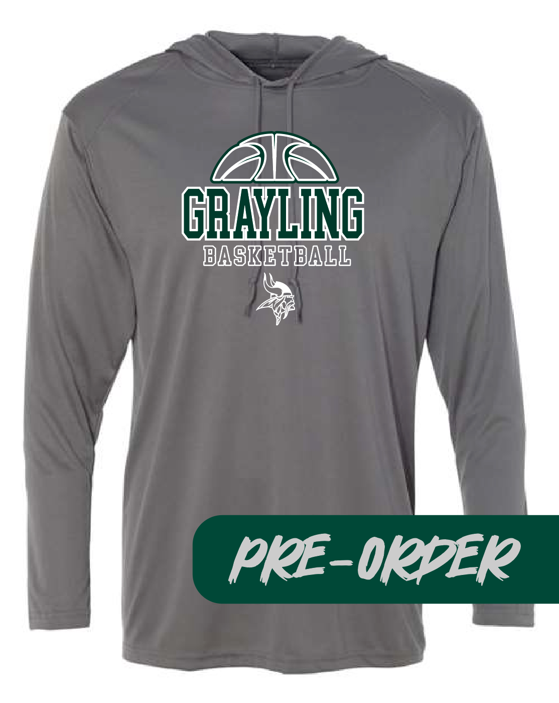 Grayling Boys Basketball - PRESALE - Polyester wicking hooded tee shirt -  gray - DESIGN 2